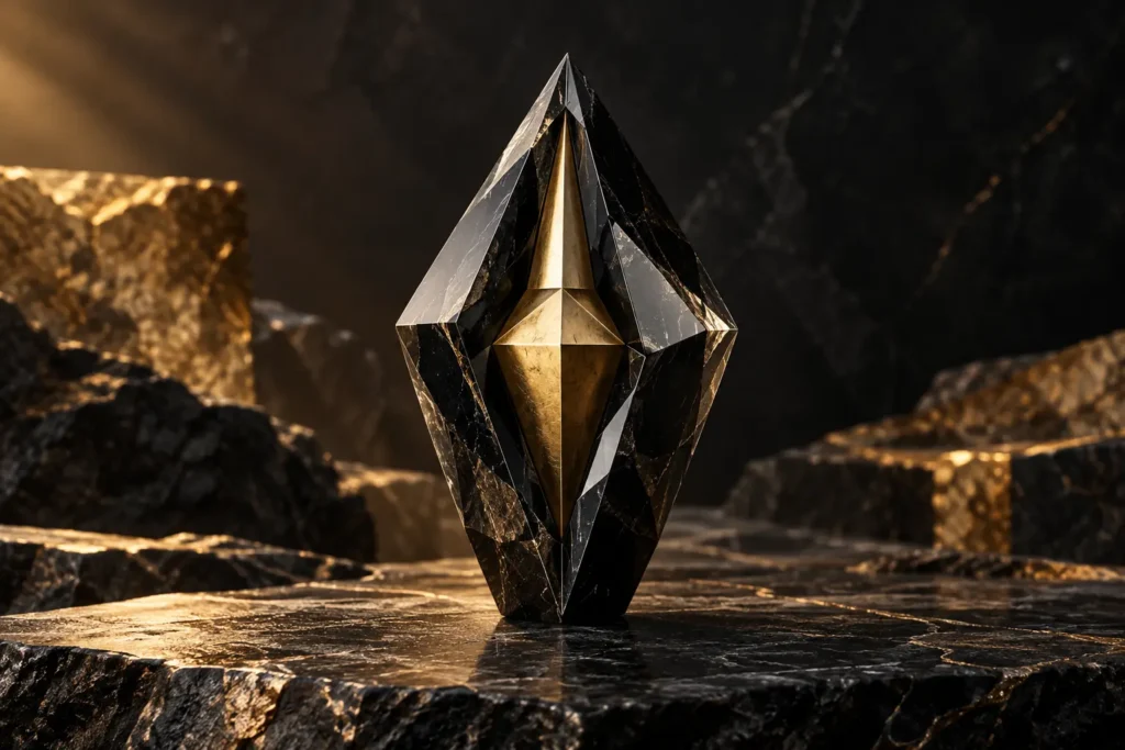 Tvirtas obsidiano kristalas su auksiniu branduoliu